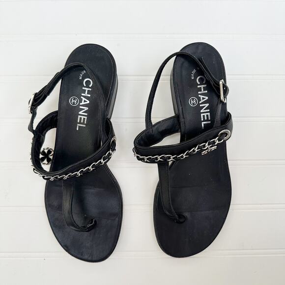 Chanel Sandals Chain Link CC Block Heel Black Leather Ankle Strap 36 - Picture 1 of 10